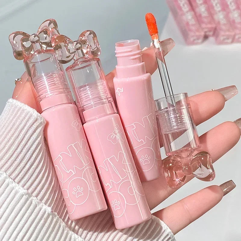 PINK COCO Bow Gloss à lèvres coloré et aqueux Rouge à lèvres hydratant longue durée antiadhésif Baume à lèvres rose tendre Cosmétiques coréens