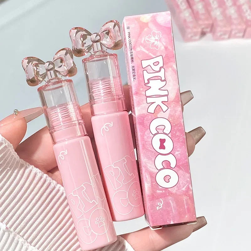 PINK COCO Bow Gloss à lèvres coloré et aqueux Rouge à lèvres hydratant longue durée antiadhésif Baume à lèvres rose tendre Cosmétiques coréens